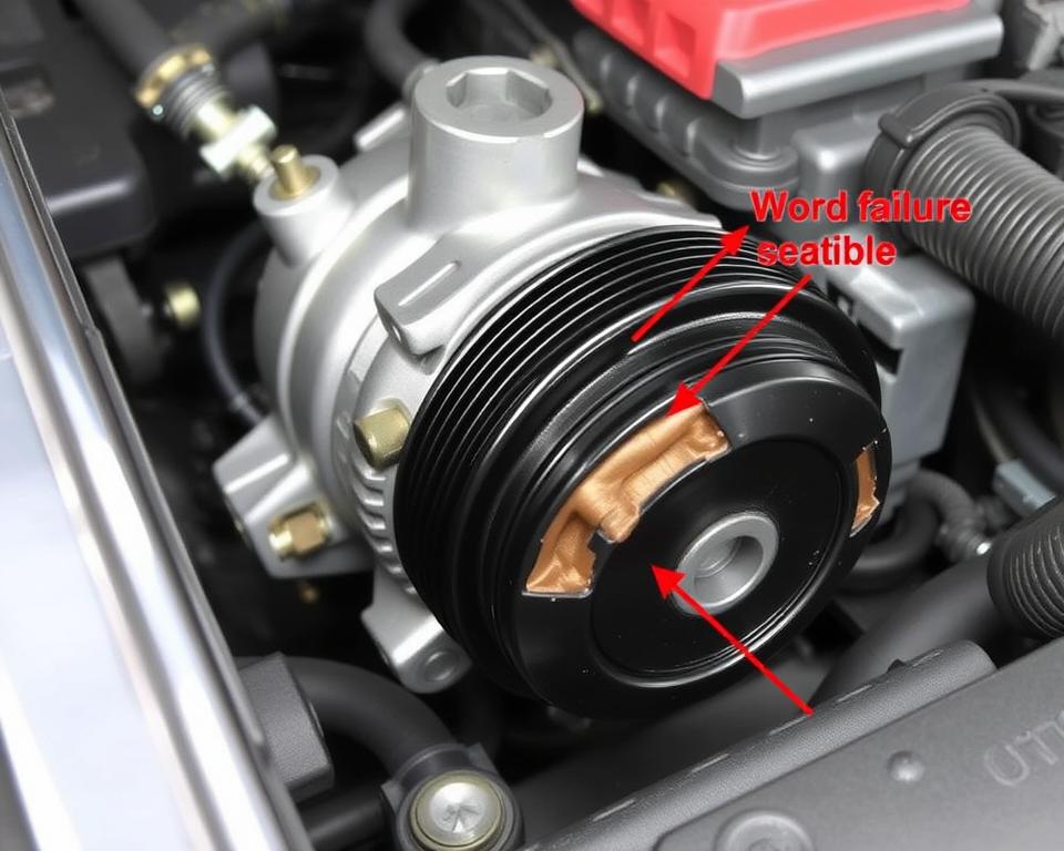 Close-up of car AC compressor showing common failure points Close-up of car AC compressor showing common failure points