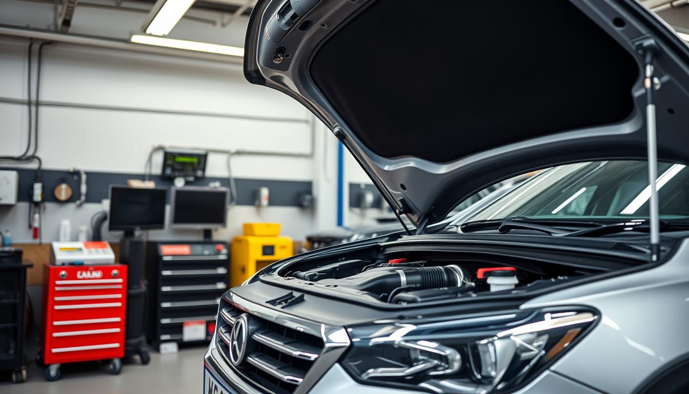 Modern car AC service repair facility with professional equipment