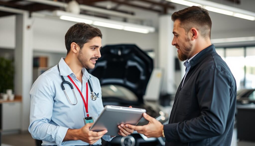 Professional service advisor consulting with customer about car AC repair Professional service advisor consulting with customer about car AC repair