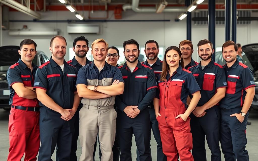 Professional team of automotive AC technicians in service center Professional team of automotive AC technicians in service center
