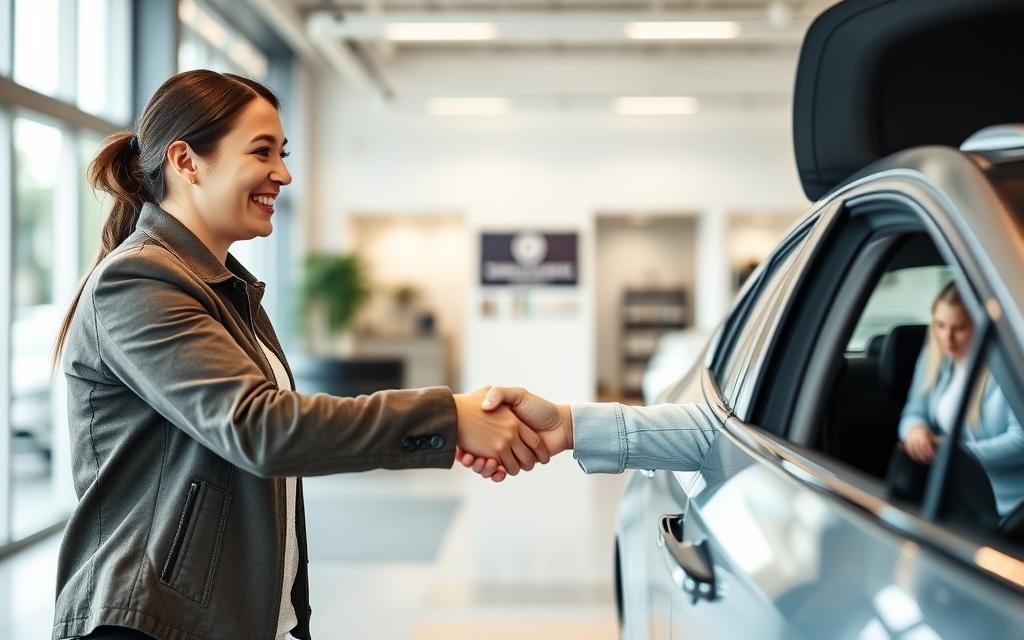 Satisfied customer receiving keys after car AC service completion Satisfied customer receiving keys after car AC service completion