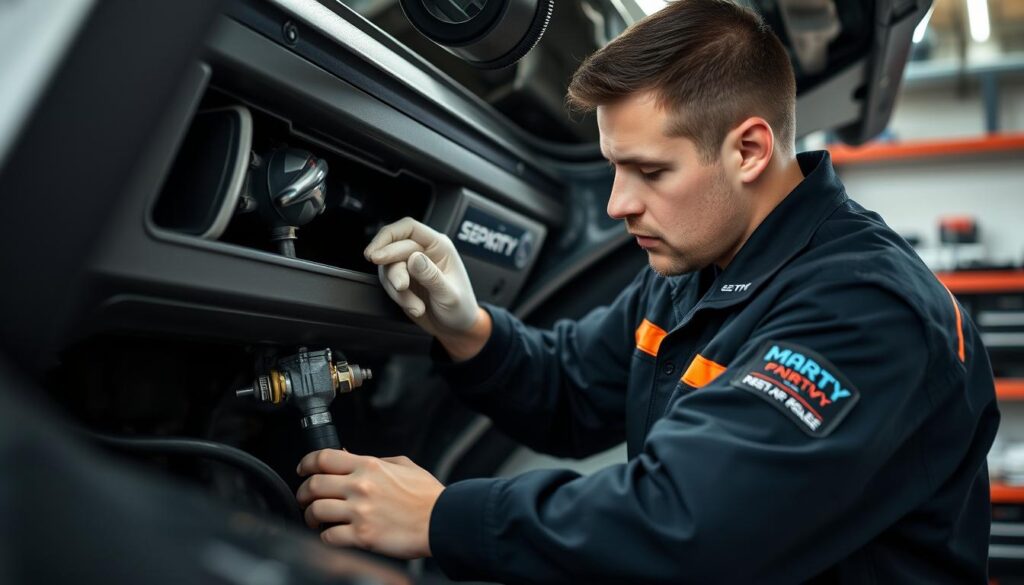 Technician performing regular maintenance on vehicle AC system Technician performing regular maintenance on vehicle AC system