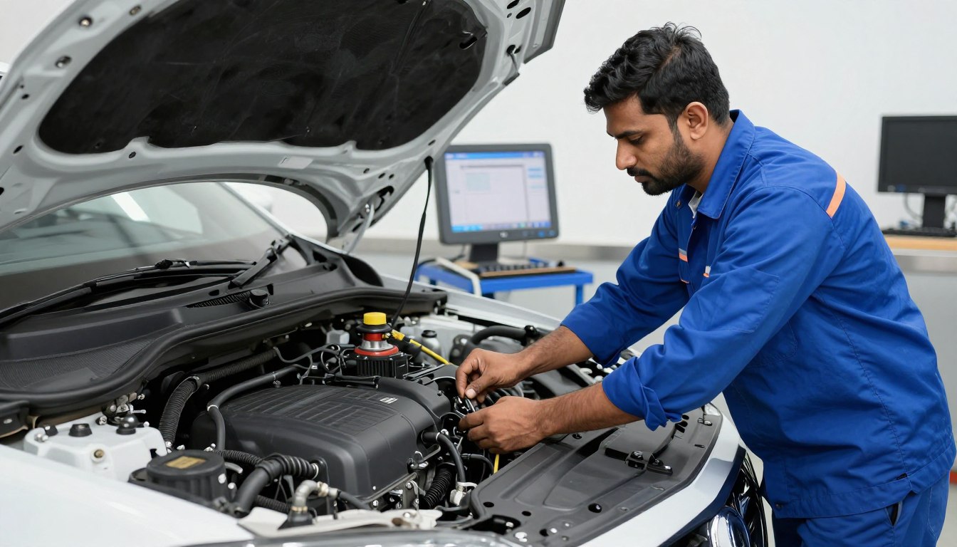 Professional technician servicing car AC system in India